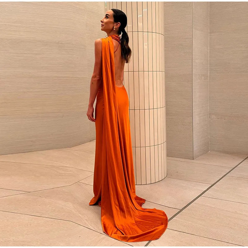 Elegant Satin Halter Dress – Backless Party Gown for Women