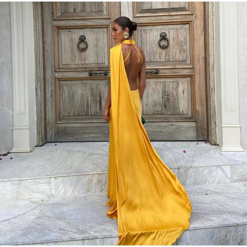Elegant Satin Halter Dress – Backless Party Gown for Women