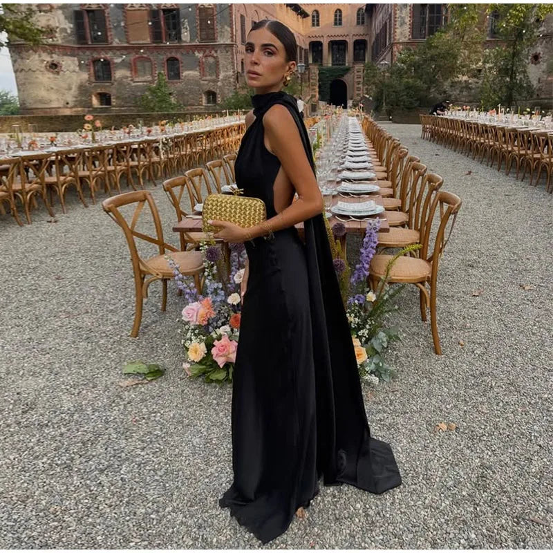 Elegant Satin Halter Dress – Backless Party Gown for Women