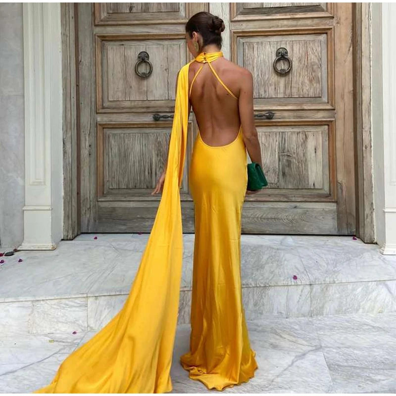 Elegant Satin Halter Dress – Backless Party Gown for Women