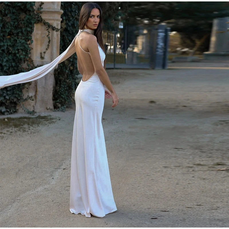 Elegant Satin Halter Dress – Backless Party Gown for Women