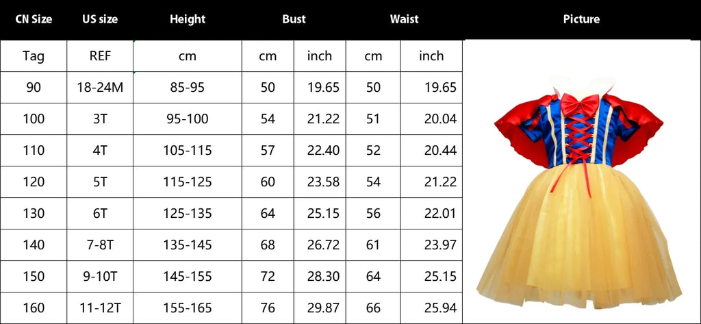 Snow White Princess Dress – Girls Halloween Costume with Cape