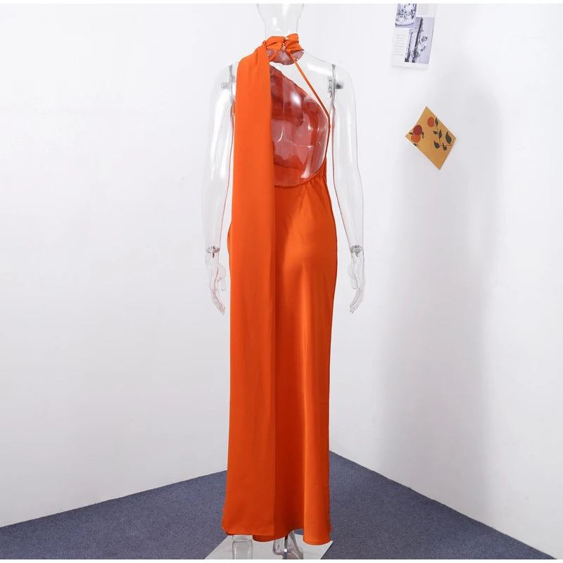 Elegant Satin Halter Dress – Backless Party Gown for Women