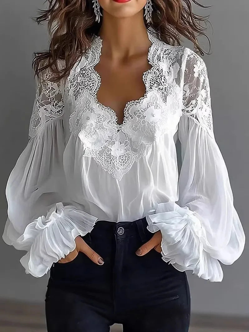 Dames Blouse – V-hals met Kant | Zwart & Wit