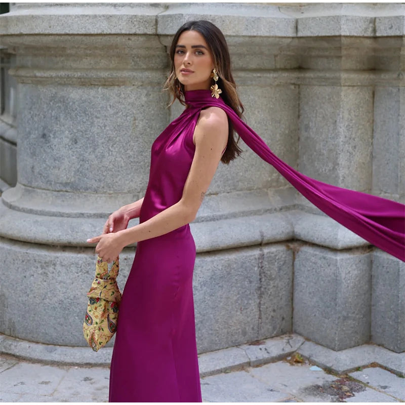 Elegant Satin Halter Dress – Backless Party Gown for Women