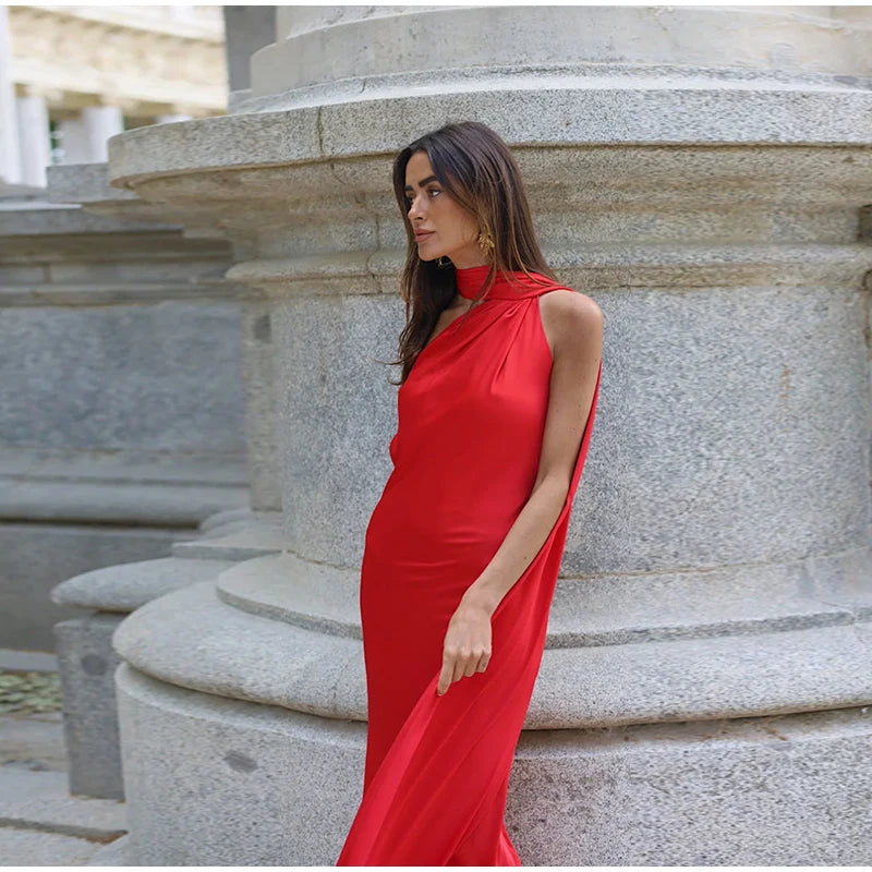 Elegant Satin Halter Dress – Backless Party Gown for Women