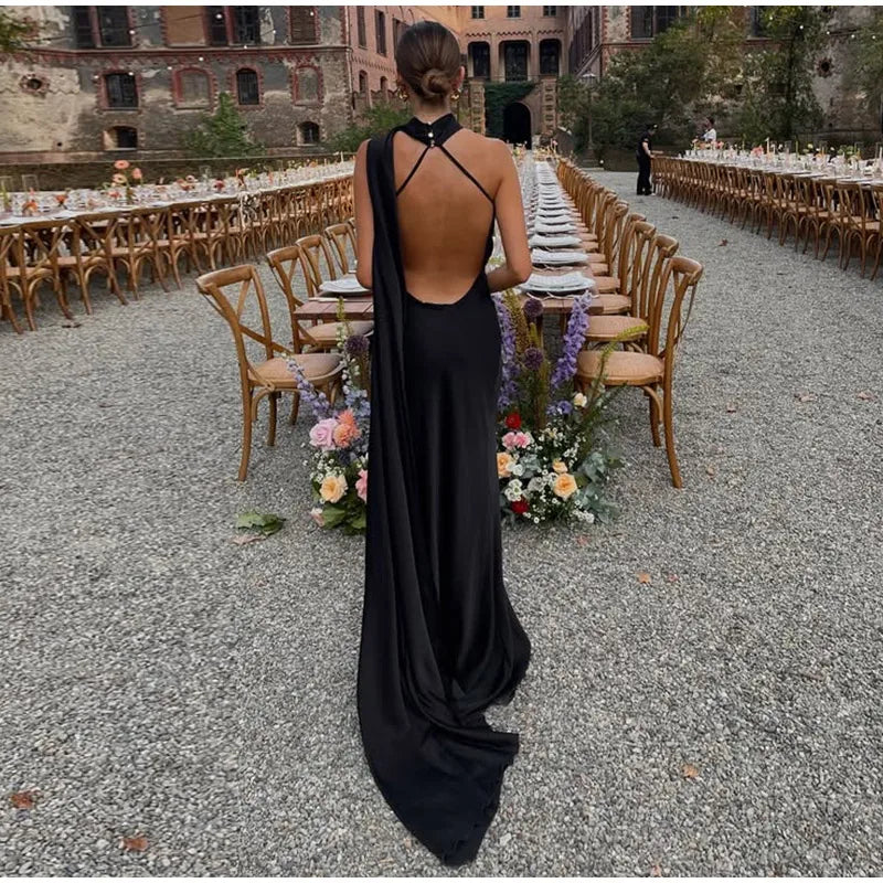 Elegant Satin Halter Dress – Backless Party Gown for Women