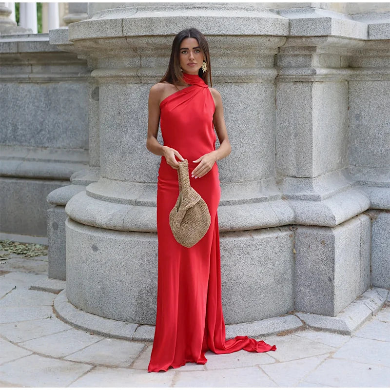 Elegant Satin Halter Dress – Backless Party Gown for Women