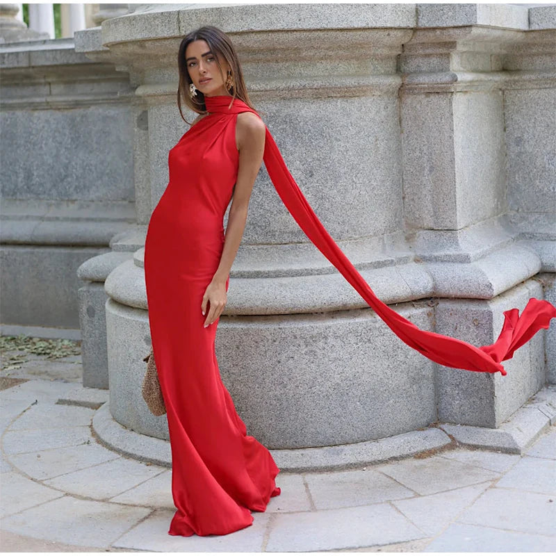 Elegant Satin Halter Dress – Backless Party Gown for Women