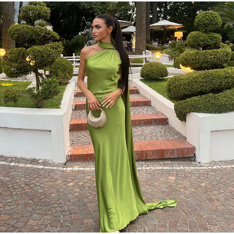 Elegant Satin Halter Dress – Backless Party Gown for Women
