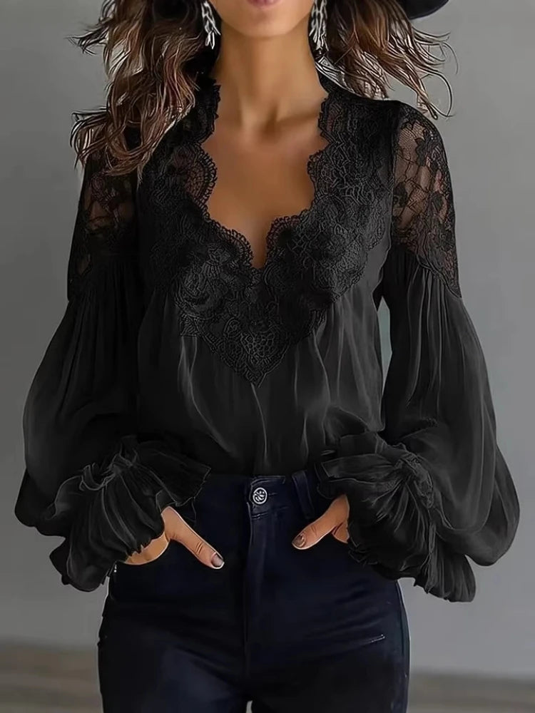 Dames Blouse – V-hals met Kant | Zwart & Wit