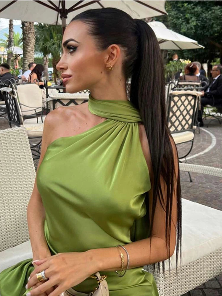 Elegant Satin Halter Dress – Backless Party Gown for Women
