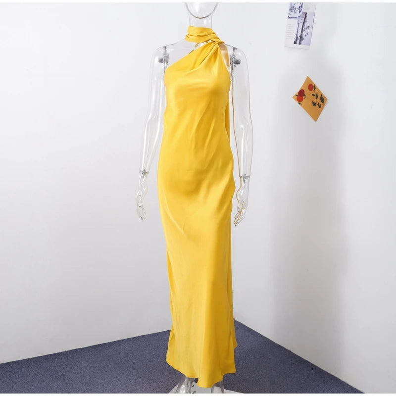 Elegant Satin Halter Dress – Backless Party Gown for Women