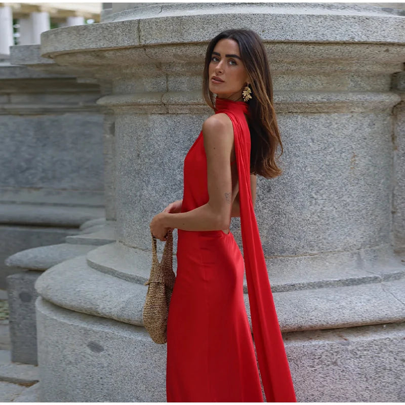 Elegant Satin Halter Dress – Backless Party Gown for Women