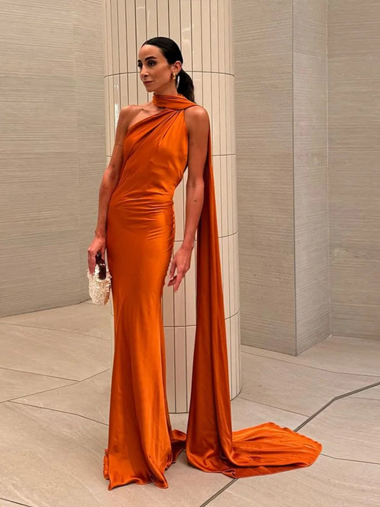 Elegant Satin Halter Dress – Backless Party Gown for Women