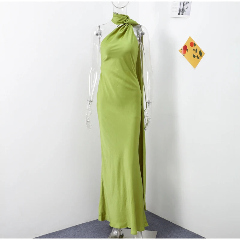 Elegant Satin Halter Dress – Backless Party Gown for Women
