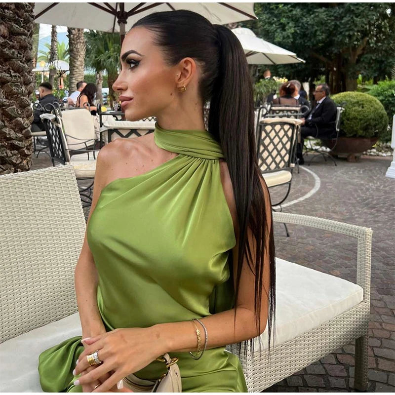 Elegant Satin Halter Dress – Backless Party Gown for Women