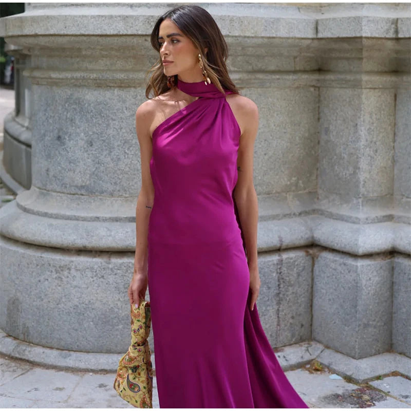 Elegant Satin Halter Dress – Backless Party Gown for Women