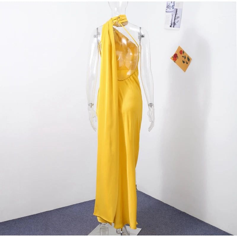 Elegant Satin Halter Dress – Backless Party Gown for Women