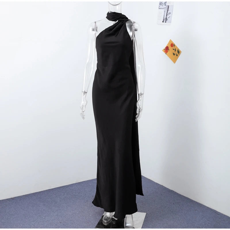 Elegant Satin Halter Dress – Backless Party Gown for Women