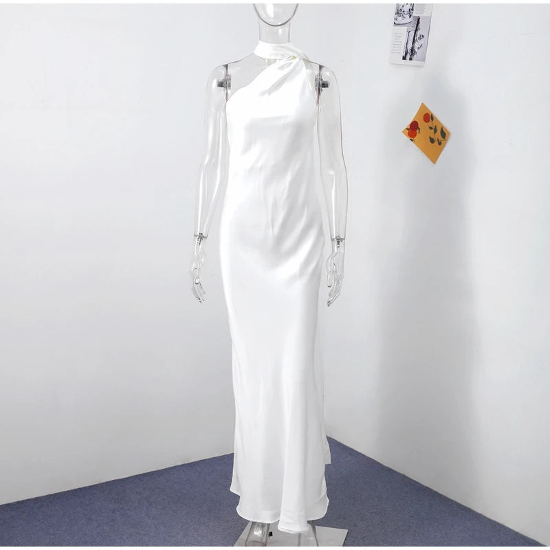 Elegant Satin Halter Dress – Backless Party Gown for Women