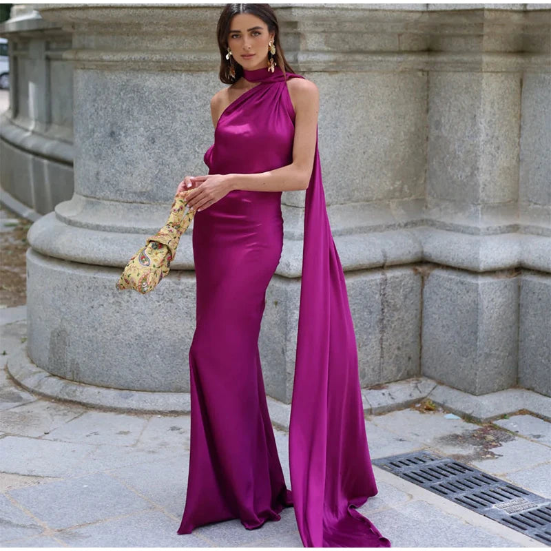 Elegant Satin Halter Dress – Backless Party Gown for Women