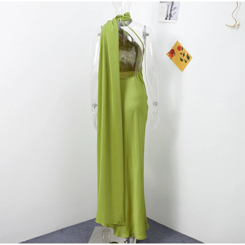 Elegant Satin Halter Dress – Backless Party Gown for Women