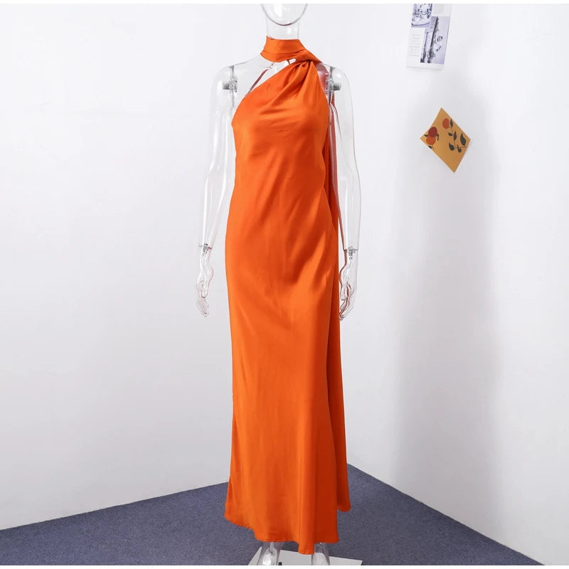 Elegant Satin Halter Dress – Backless Party Gown for Women