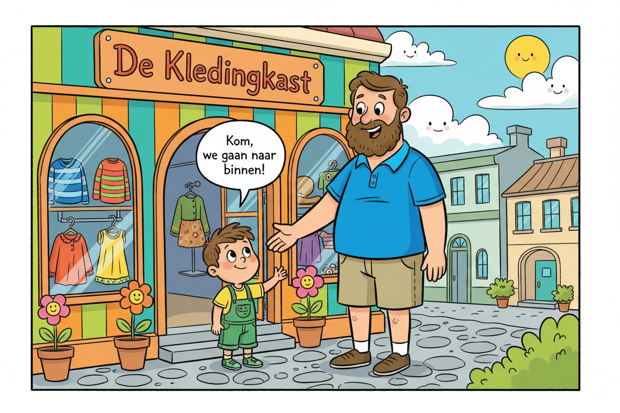 Vader en zoon bij winkel